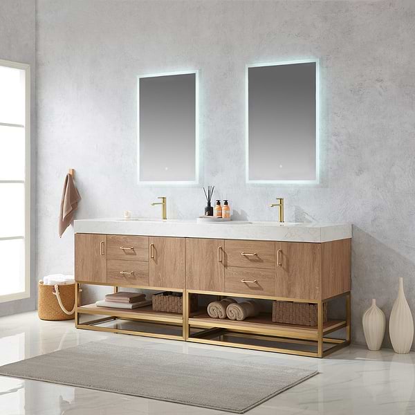 Ithica White Oak 84" Double Vanity and Gold Hardware with Atlantic Stone Top