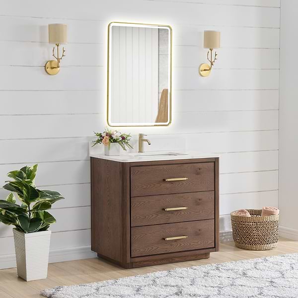 Genora Brown Oak 36" Single Vanity with Pacific White Quartz Top