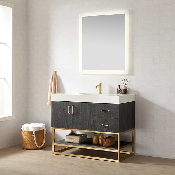 Ithica Black Oak 42" Single Vanity and Gold Hardware with Atlantic Stone Top