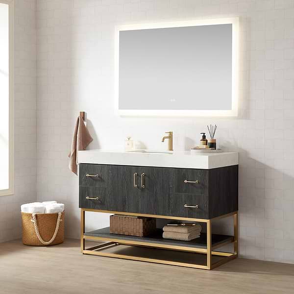 Ithica Black Oak 48" Single Vanity and Gold Hardware with Atlantic Stone Top