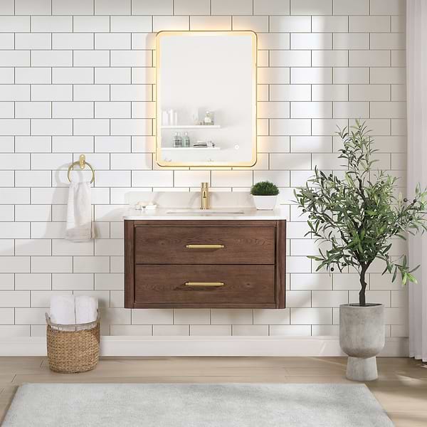 Riven Brown Oak 36" Single Vanity with Pacific White Quartz Top