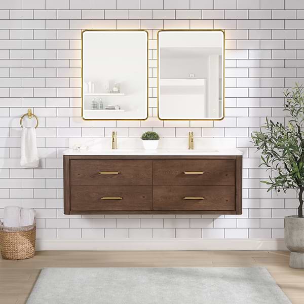 Riven Brown Oak 60" Double Vanity with Pacific White Quartz Top