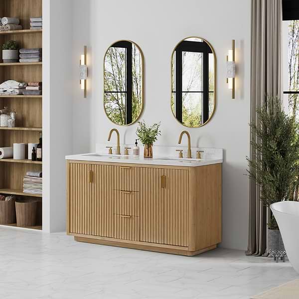 Solara Blonde Oak 60" Double Vanity with Bianco White Stone Top