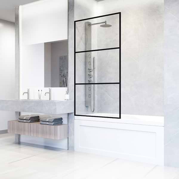Finestra 34x62" Reversible Fixed Bathtub Door with Striped Clear Glass in Matte Black