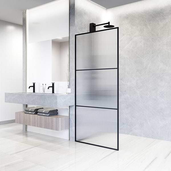 Finestra 34x74" Reversible Fixed Shower Door with Striped Fluted Glass in Matte Black