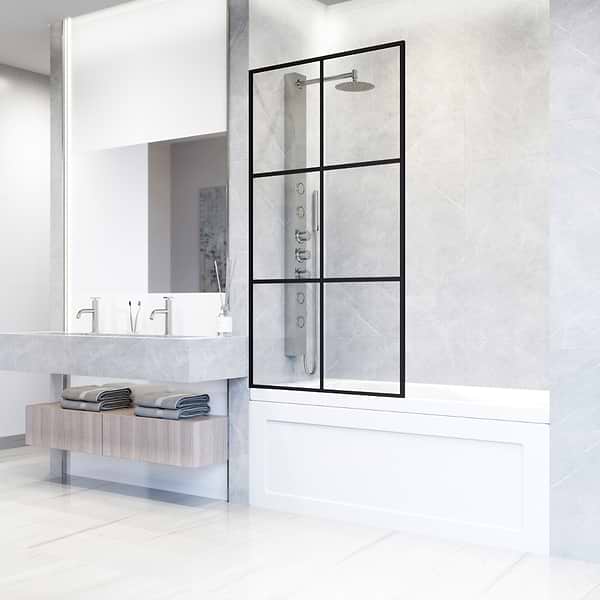 Finestra 34x62" Reversible Fixed Bathtub Door with Large Grid Clear Glass in Matte Black