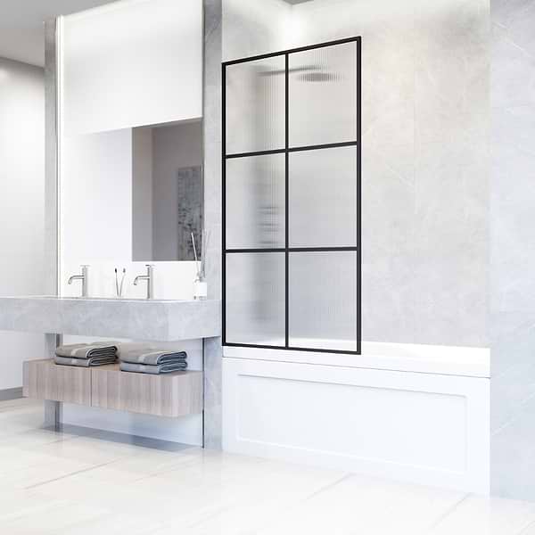 Finestra 34x62" Reversible Fixed Bathtub Door with Large Grid Fluted Glass in Matte Black