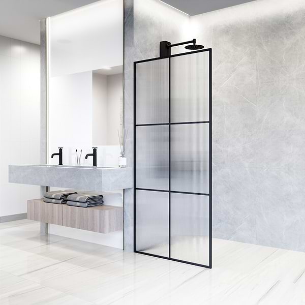Finestra 34x74" Reversible Fixed Shower Door with Large Grid Fluted Glass in Matte Black