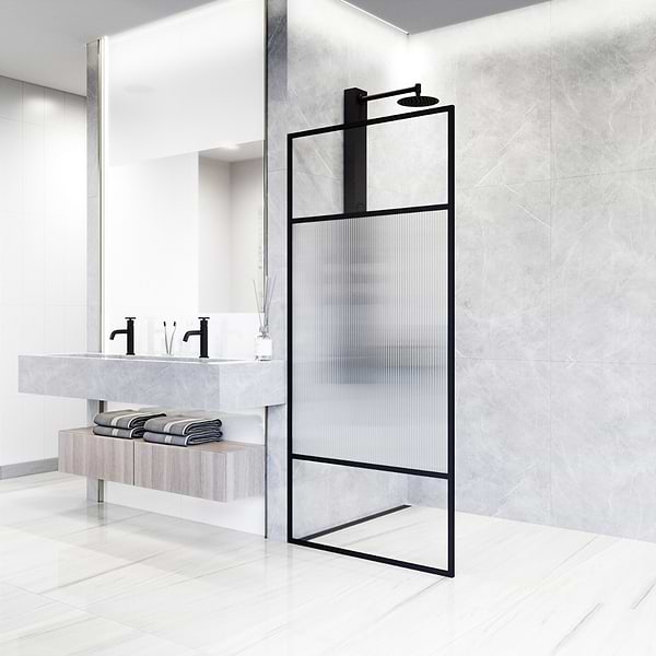 Finestra 34x74" Reversible Fixed Shower Door with Venetian Fluted Glass in Matte Black