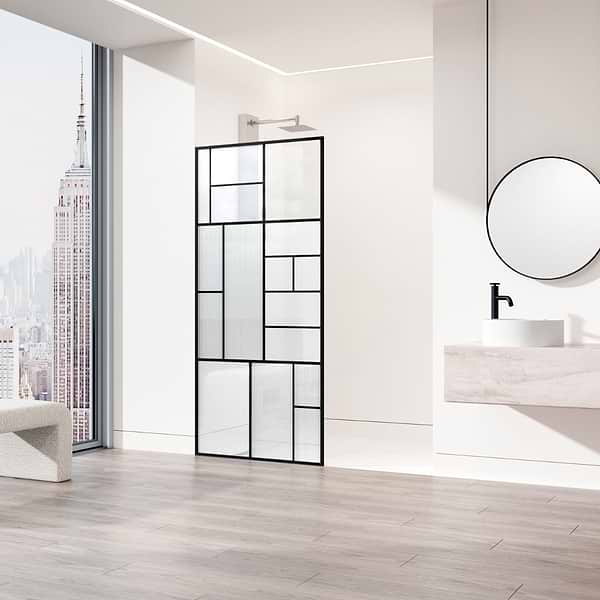 Finestra 34x74" Reversible Fixed Shower Door with Mondrian Grid Fluted Glass in Matte Black