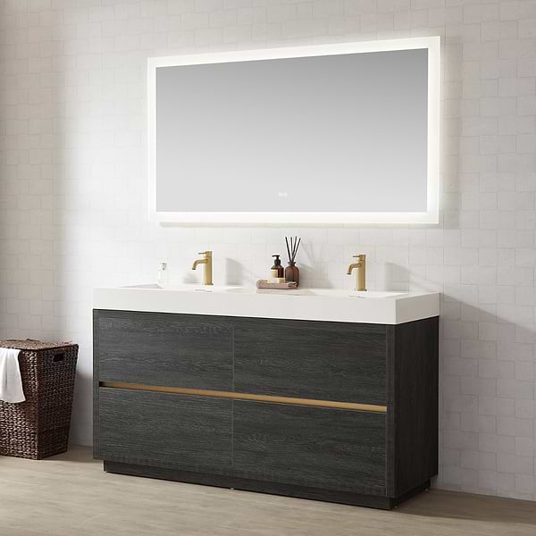 Serrano Black Oak 60" Double Freestanding Vanity with White Integrated Top