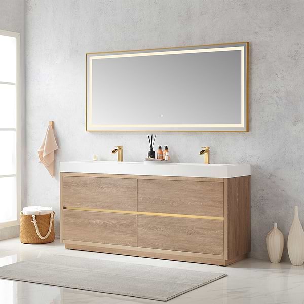 Serrano Blonde Oak 72" Double Freestanding Vanity with White Integrated Top