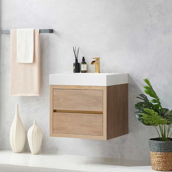 Serrano Blonde Oak 24" Single Floating Vanity with White Integrated Top