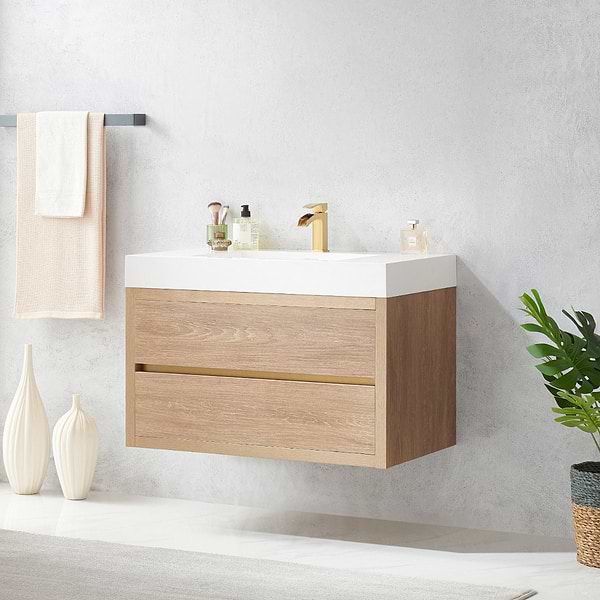 Serrano Blonde Oak 36" Single Floating Vanity with White Integrated Top