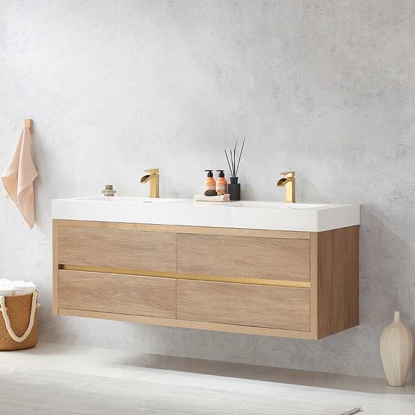 Serrano Blonde Oak 60" Double Floating Vanity with White Integrated Top