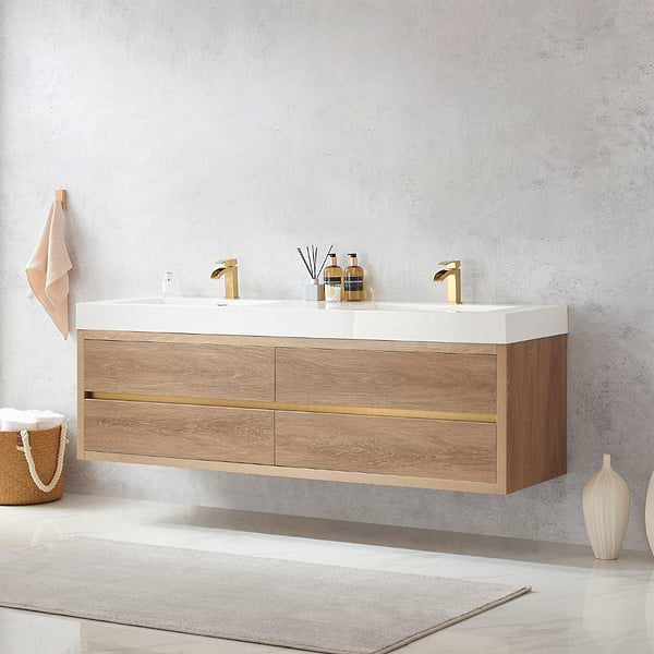 Serrano Blonde Oak 72" Double Floating Vanity with White Integrated Top
