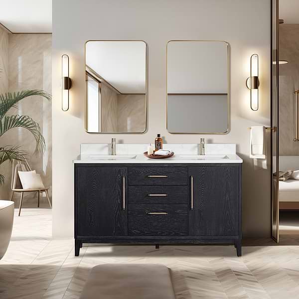 Kaitlin Black Oak 60" Double Vanity with White Composite Stone Top