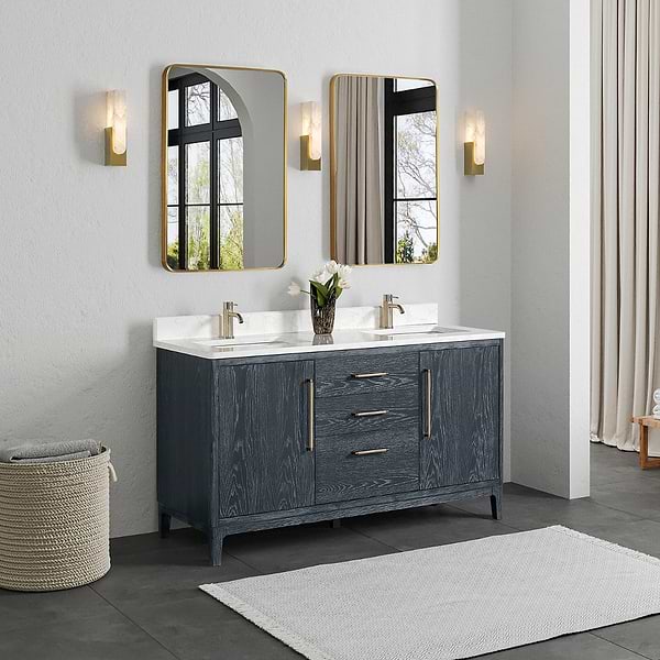Kaitlin Navy Oak 60" Double Vanity with White Composite Stone Top