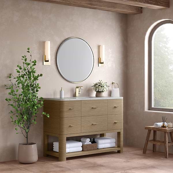 James Martin Vanities Lucian Pebble Oak 48" Single Vanity with Victorian Silver Quartz Top