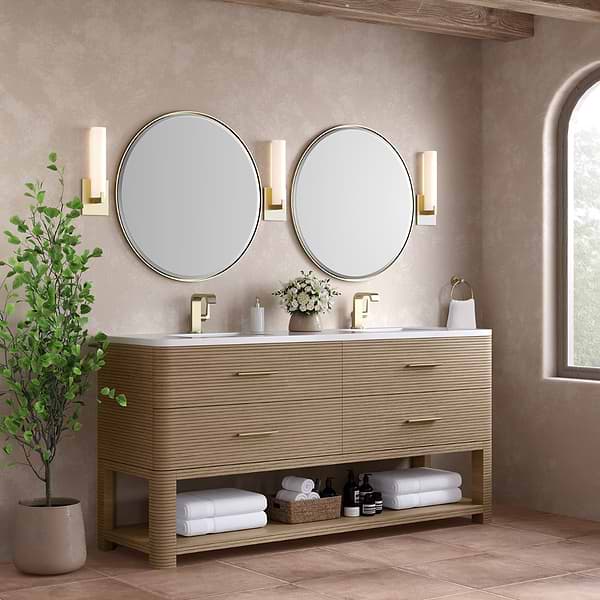 James Martin Vanities Lucian Pebble Oak 72" Double Vanity with White Zeus Quartz Top
