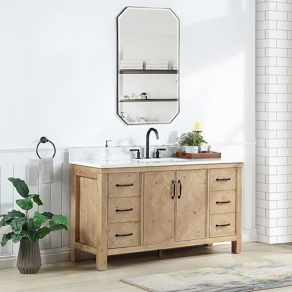Adeena Blonde Oak 60" Single Vanity with Atlantic Stone Top
