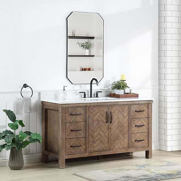 Adeena Brown Oak 60" Single Vanity with Atlantic Stone Top