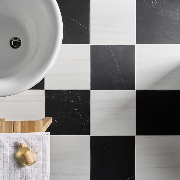 Alterno Black Silk and Glacier White Select 12x12 Honed Marble Checkerboard Tile