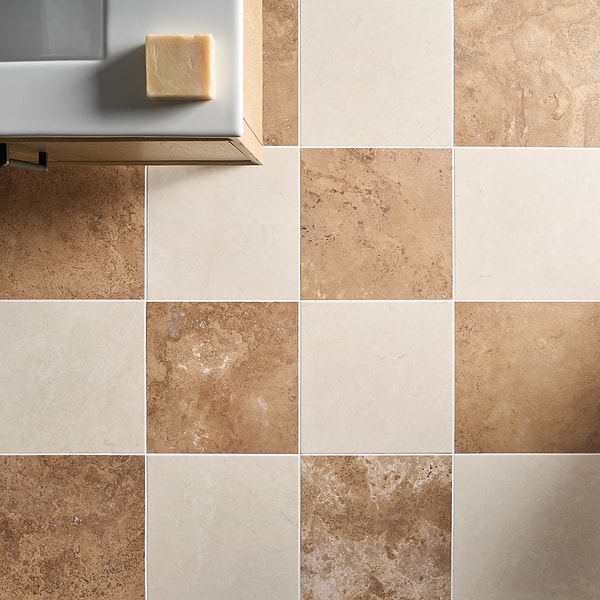 Alterno Noce Dark Brown Cross Cut and Crema Ella Beige 12x12 Honed Travertine and Marble Checkerboard Tile
