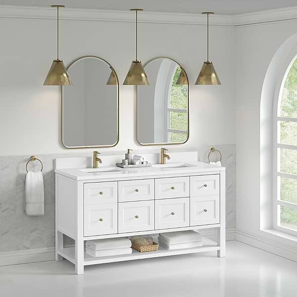 James Martin Vanities Breckenridge Bright White 60" Double Vanity with White Zeus Quartz Top and Backsplash