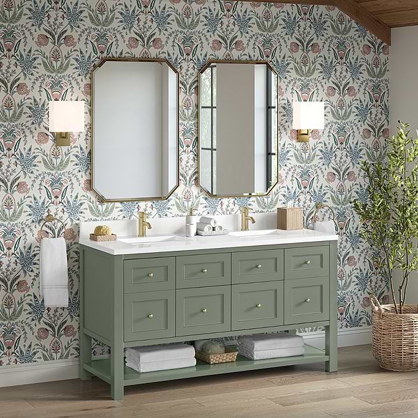 James Martin Vanities Breckenridge Smokey Celadon 60" Double Vanity with White Zeus Quartz Top and Backsplash