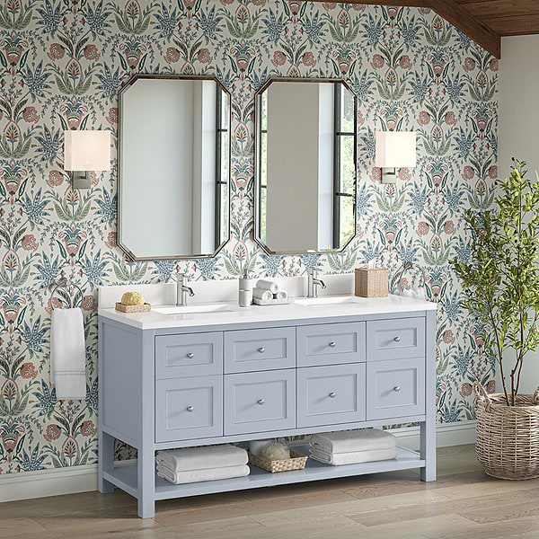 James Martin Vanities Breckenridge Serenity Blue 60" Double Vanity with White Zeus Quartz Top and Backsplash