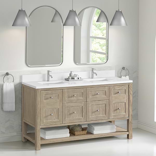 James Martin Vanities Breckenridge Whitewashed Oak 60" Double Vanity with White Zeus Quartz and Backsplash Top