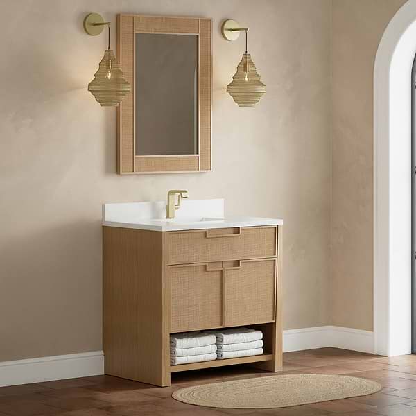 James Martin Vanities Solene Seaside Oak 36" Single Vanity with White Zeus Quartz Top and Backsplash