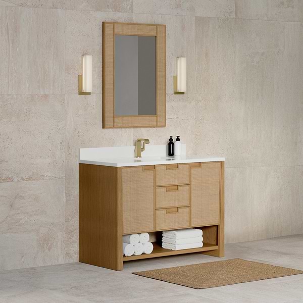 James Martin Vanities Solene Seaside Oak 48" Single Vanity with Zeus Quartz Top and Backsplash