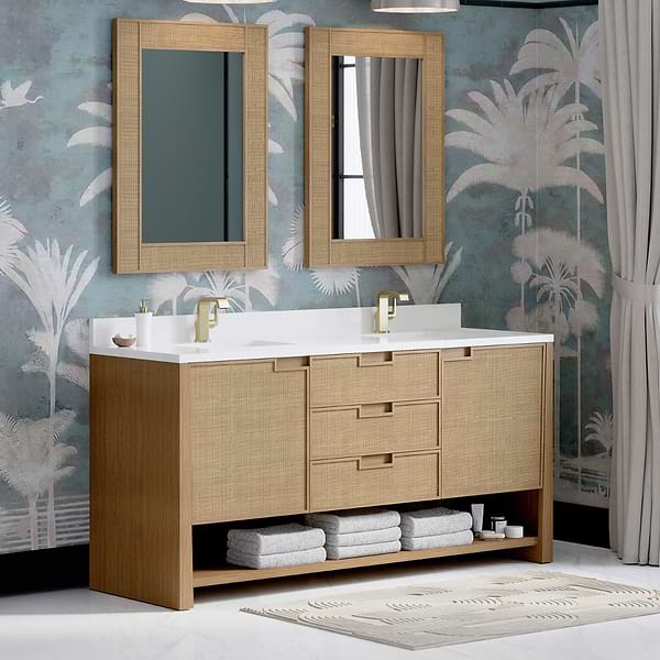 James Martin Vanities Solene Seaside Oak 72" Double Vanity with White Zeus Quartz Top and Backsplash