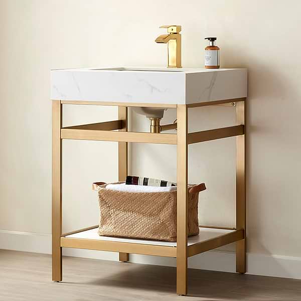 Blaire Brushed Gold 24" Single Vanity with White Sintered Stone Top, View 1