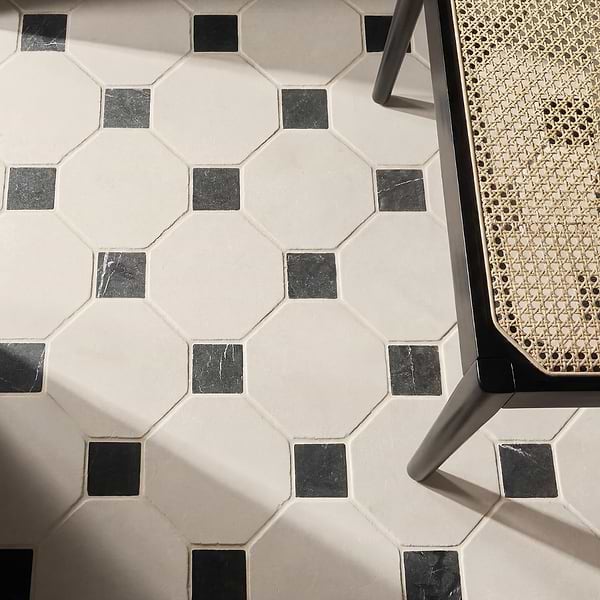 Alaris Simena 8" Octagon with Black Silk Dot Tumbled Limestone and Marble Tile