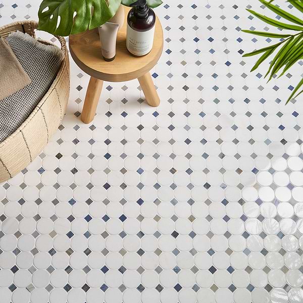 Kinetic Satellite 1x2 White Thassos & Blue Macauba Polished Marble Mosaic Tile