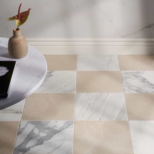 Avanti Calacatta Gold and Crema Marfil Beige 12x12 Tumbled Marble Checkerboard Tile