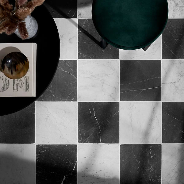 Avanti Nero Marquina Black and Bianco Carrara White 12x12 Tumbled Marble Checkerboard Tile