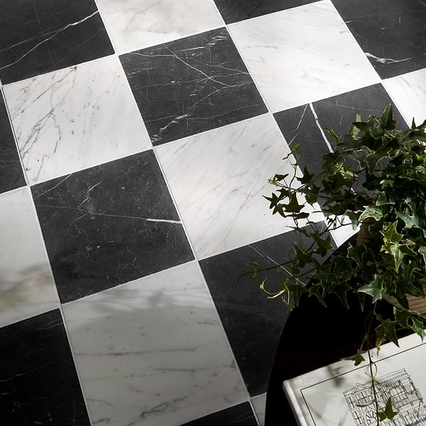 Avanti Nero Marquina Black and Calacatta Gold 12x12 Tumbled Marble Checkerboard Tile