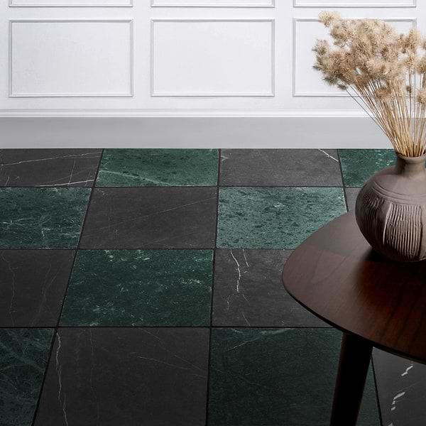Avanti Nero Marquina Black and Verde Green 12x12 Tumbled Marble Checkerboard Tile