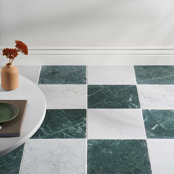 Avanti Verde Green and Bianco Carrara White 12x12 Tumbled Marble Checkerboard Tile