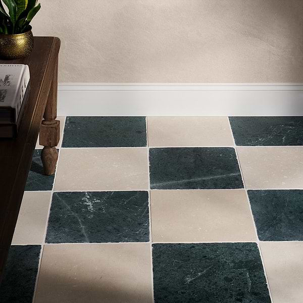 Avanti Verde Green and Crema Marfil Beige 12x12 Tumbled Marble Checkerboard Tile