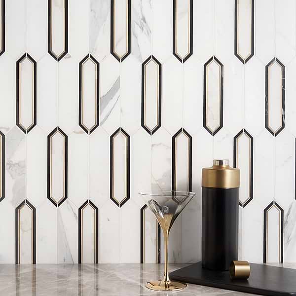 Zeus White Calacatta 2x8 Picket Polished Marble and Brass Waterjet Mosaic Tile