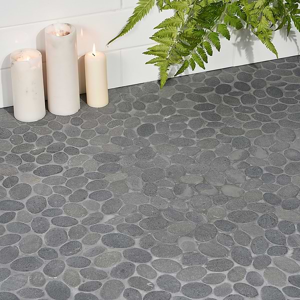 Nature Oval Lava Black Pebble Mosaic Tile - Sample in Black + Gray, View 2, open zoomed image