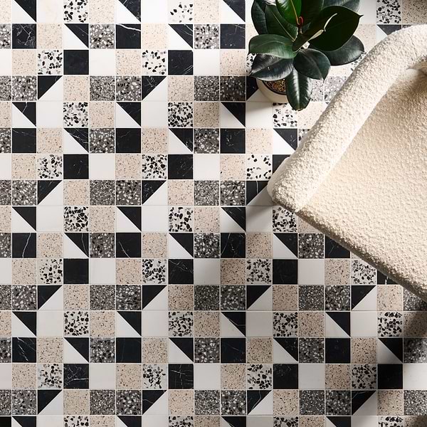 Elizabeth Sutton Artem Pica Black & White 3x3 Polished & Honed Marble and Terrazzo Mosaic Tile