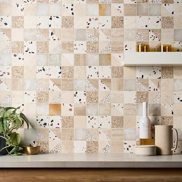 Elizabeth Sutton Artem Paloma Beige & Cream 3x3 Polished & Honed Marble and Terrazzo Mosaic Tile