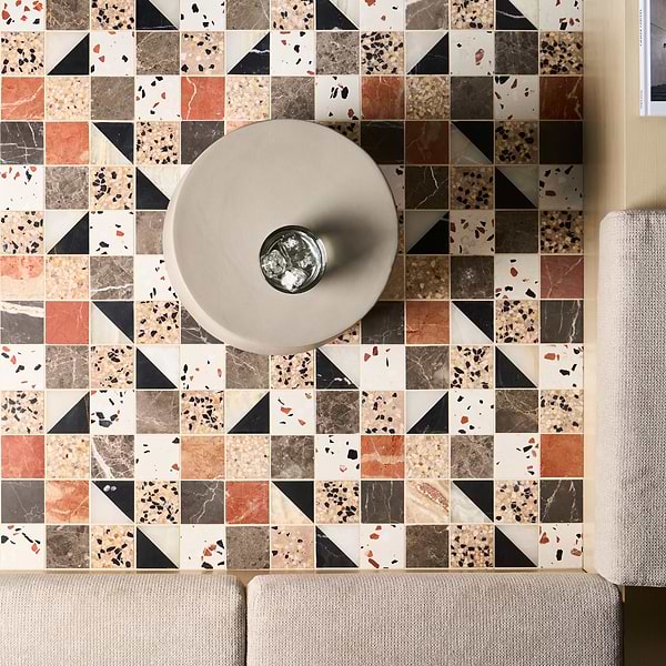 Elizabeth Sutton Artem Wren Terracotta & Gray 3x3 Polished & Honed Marble and Terrazzo Mosaic Tile