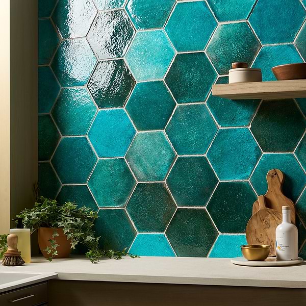 Breeze Tide Turquoise 8" Hexagon Crackled Glossy Terracotta Tile